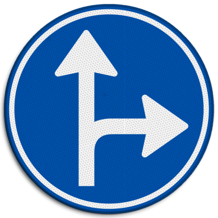 Verkeersbord RVV D06r - Verplichte rijrichting rechtdoor of rechtsaf