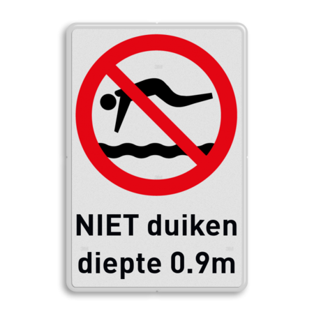 Verbodsbord met tekst en symbool verboden te duiken i.v.m. ondiep water