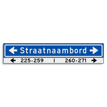 Straatnaambord KOKER 1000x200mm - max. 18 karakters - huisnummers en pijlen links/rechts - NEN1772