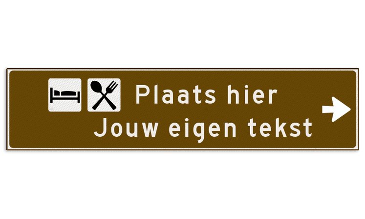 Verwijsbord toeristisch (bruin) - met 2 pictogrammen, 2 regels tekst en pijl