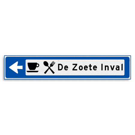 Verwijsbord KOKER Blauw/wit/zwart - pijl links, met 2 pictogrammen - Klasse 3 reflecterend