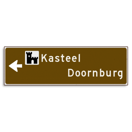 Verwijsbord KOKER Bruin/wit/zwart - pijl links, 2 regelig met 1 pictogram - Klasse 3 reflecterend