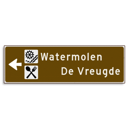 Verwijsbord KOKER Bruin/wit/zwart - pijl links, 2 regelig met 2 pictogrammen - Klasse 3 reflecterend