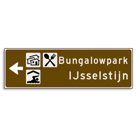 Verwijsbord KOKER Bruin/wit/zwart - pijl links, 2 regelig met 3 pictogrammen - Klasse 3 reflecterend