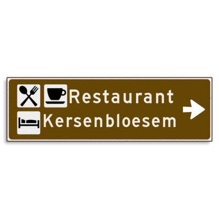 Verwijsbord KOKER Bruin/wit/zwart - pijl rechts, 2 regelig met 3 pictogrammen - Klasse 3 reflecterend