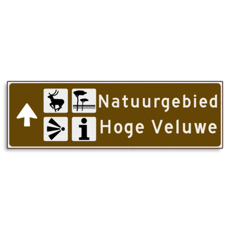 Verwijsbord KOKER Bruin/wit/zwart - pijl links, 2 regelig met 4 pictogrammen - Klasse 3 reflecterend