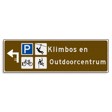 Verwijsbord KOKER Bruin/wit/zwart - pijl links, 2 regelig met 4 pictogrammen - Klasse 3 reflecterend