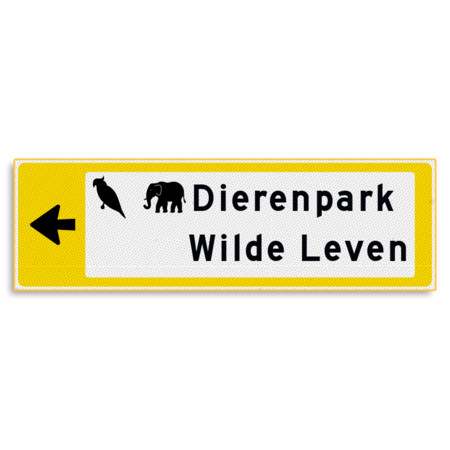 Verwijsbord KOKER Geel/wit/zwart - pijl links, 2 regelig met 2 pictogrammen - Klasse 3 reflecterend