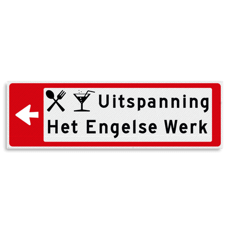 Verwijsbord KOKER Rood/wit/zwart - pijl links, 2 regelig met 2 pictogrammen - Klasse 3 reflecterend