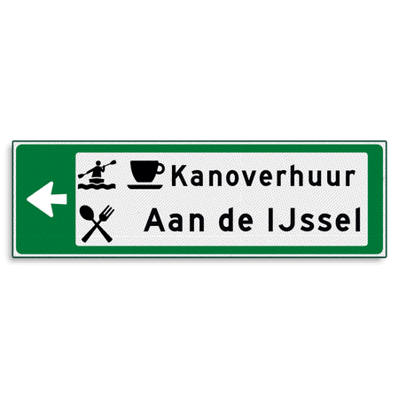 Verwijsbord KOKER Groen/wit/zwart - pijl links, 2 regelig met 3 pictogrammen - Klasse 3 reflecterend