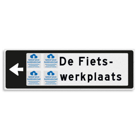 Verwijsbord KOKER Zwart/wit/zwart - pijl links, 2 regelig met 4 pictogrammen - Klasse 3 reflecterend