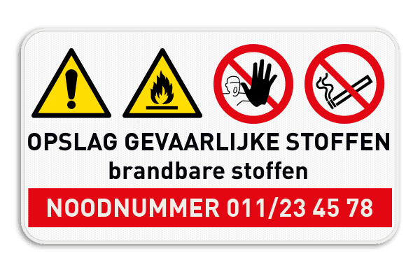 Veiligheidsbord opslag gevaarlijke stoffen + noodnummer