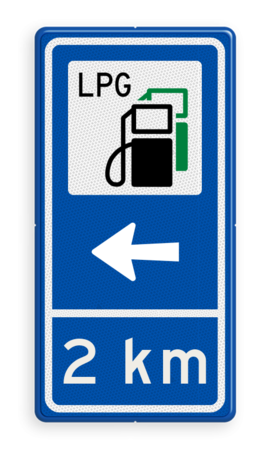 Verkeersbord aanduiding tankstation met LPG, pijl en afstand