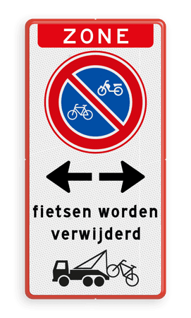 Parkeerbord zone geen bromfietsen plaatsen + RVV E03 met tekst en wegsleepregeling fietsen