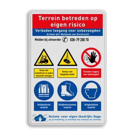 Veiligheidsbord voor terrein met logo en 6 pictogrammen