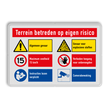 Veiligheidsbord voor eigen terrein met 6 pictogrammen