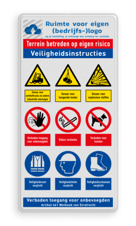 Veiligheidsbord met logo, veiligheidsinstructies en 9 pictogrammen