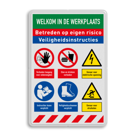 Veiligheidsbord voor werkplaats met veiligheidsinstructies en 6 pictogrammen