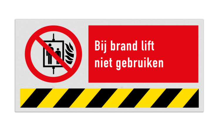 Brand bord met pictogram en tekst Busslang Bij brand lift niet gebruiken