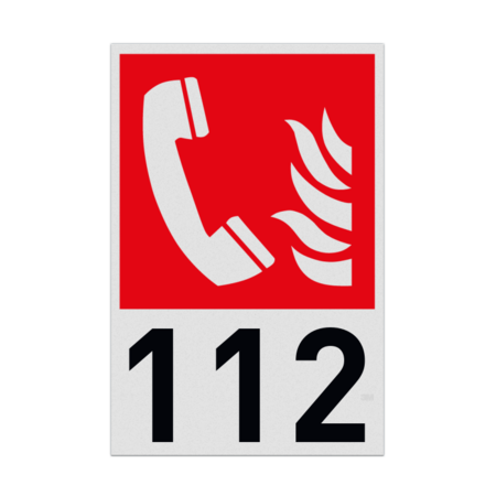 Brand bord met pictogram Telefoon voor brandalarm met nummer 112