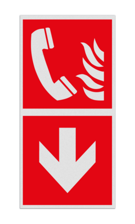 Brand bord met pictogram Telefoon voor brandalarm en pijl