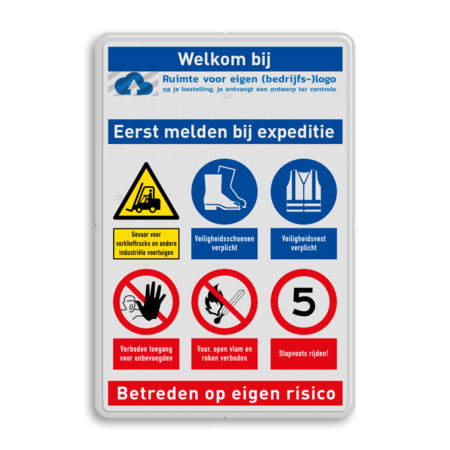 Veiligheidsbord voor expeditie met veiligheidsinstructies, logo en 6 pictogrammen