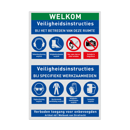 Veiligheidsbord voor werkplaats met PBM veiligheidsinstructies en 8 pictogrammen