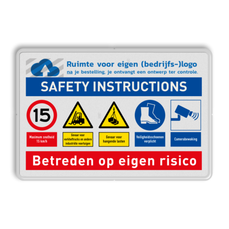 Veiligheidsbord met SAFETY INSTRUCTIONS en bedrijfslogo