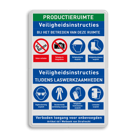 Veiligheidsbord voor productieafdeling met veiligheidsinstructies en 8 PBM pictogrammen