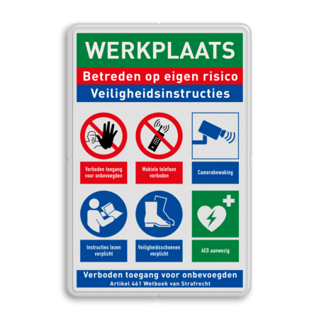 Veiligheidsbord voor werkplaats met veiligheidsinstructies en PBM pictogrammen