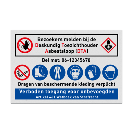 Bouwplaatsbord Asbestsloop, Bezoekers melden bij DTA met PBM pictogrammen