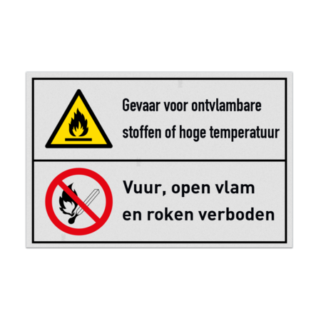 Veiligheidsbord Gevaar voor ontvlambare stoffen of hoge temperatuur, vuur, open vlam en roken verboden