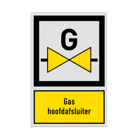 Bord met pictogram en tekst Gas hoofdafsluiter