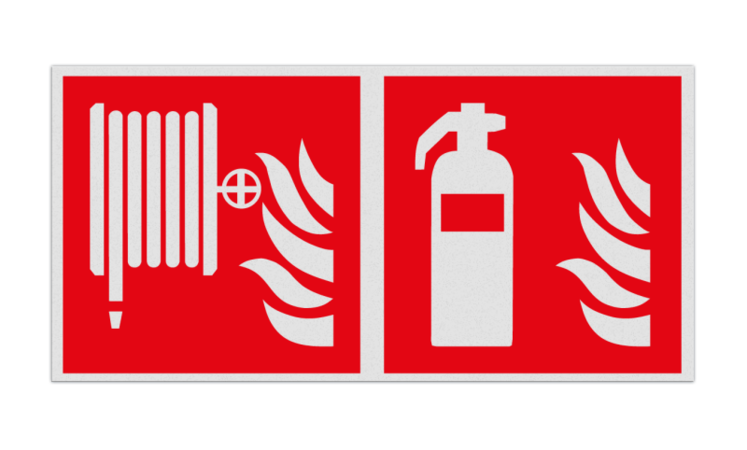 Brand bord met pictogram Brandslang en Blusapparaat