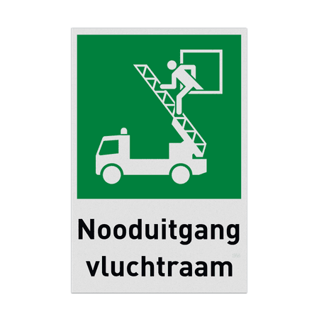 Nooduitgangbord met pictogram en tekst Nooduitgang vluchtraam