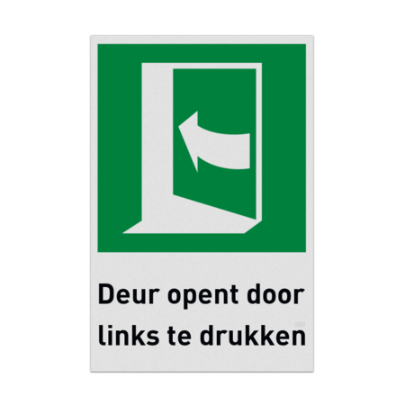 Nooduitgangbord met pictogram en tekst Deur opent door links te drukken