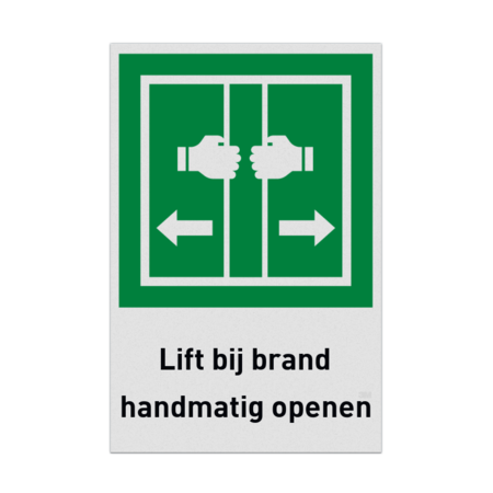 Nooduitgangbord met pictogram en tekst Lift bij brand handmatig openen