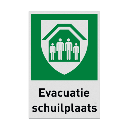 Verzamelplaatsbord met pictogram en tekst Evacuatie schuilplaats