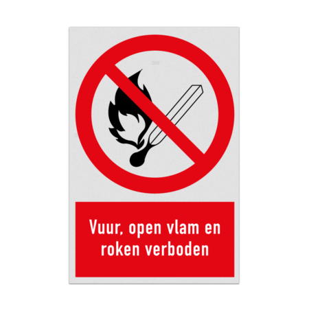 Verbodsbord met pictogram en tekst vuur, open vlam en roken verboden - reflecterend