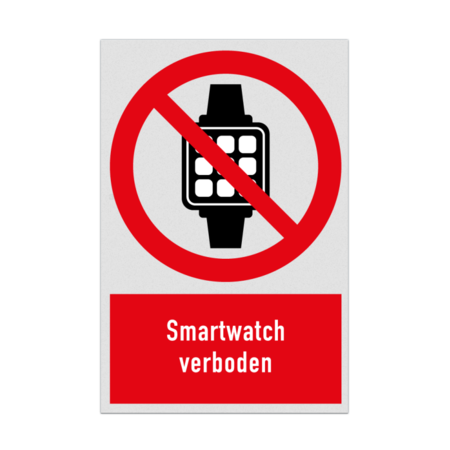 Verbodsbord met pictogram en tekst Smartwatch verboden