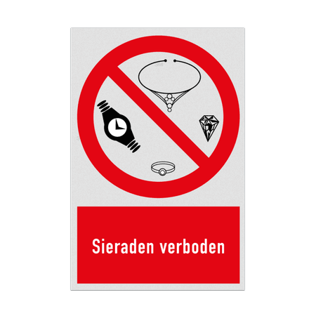 Verbodsbord met pictogram en tekst Sieraden verboden