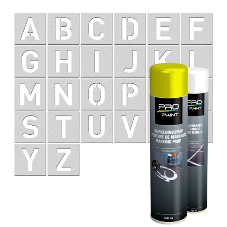 Wegmarkering spuitmal PVC (5mm) - Sjablonen letters Alfabet (26) - incl. 2x markeringsverf wit/geel