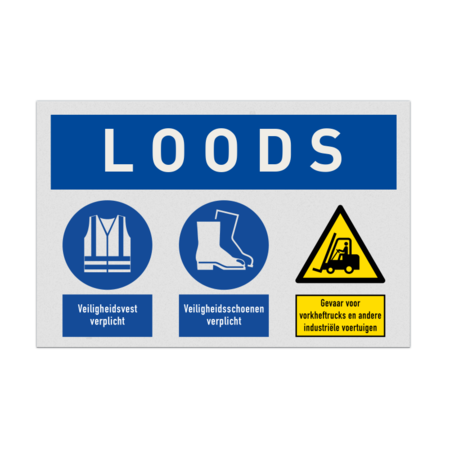 Veiligheidsbord voor loods met veiligheidsvest en schoenen verplicht, waarschuwing vorkheftrucks
