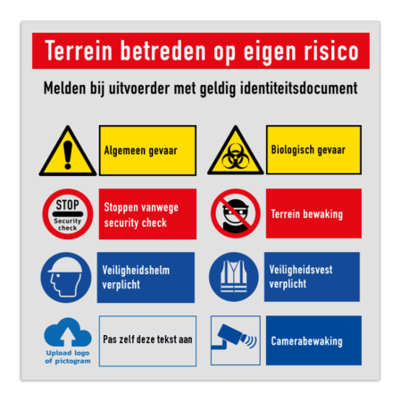 Veiligheidsbord voor terrein betreden op eigen risico en met 8 pictogrammen