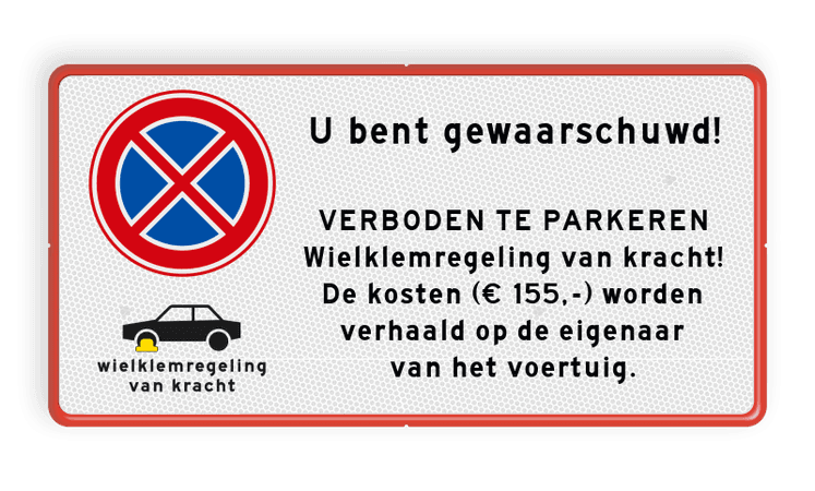 Parkeerplaatsbord E02 + wielklemregeling en eigen tekst