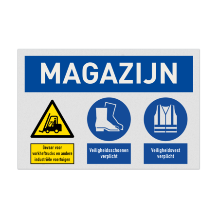 Veiligheidsbord voor magazijn met pictogram veiligheidsvest en schoenen verplicht