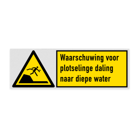 Veiligheidsbord met pictogram en tekst Waarschuwing voor plotselinge daling naar diepe water