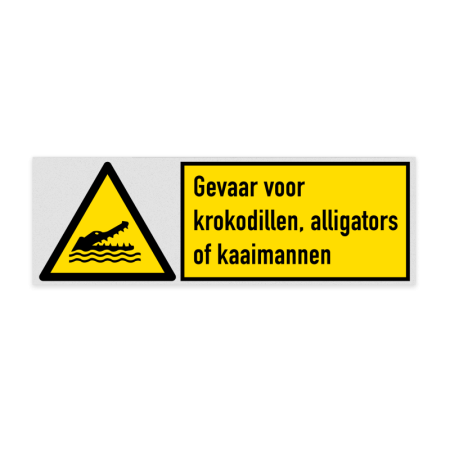 Veiligheidsbord met pictogram en tekst Gevaar voor krokodillen, alligators of kaaimannen