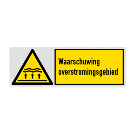 Veiligheidsbord met pictogram en tekst Waarschuwing overstromingsgebied