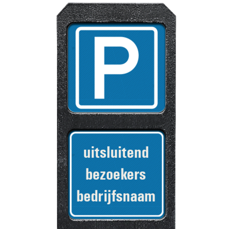 Bermpaal kunststof met bordjes parkeren uitsluitend bezoekers + bedrijfsnaam - reflecterend